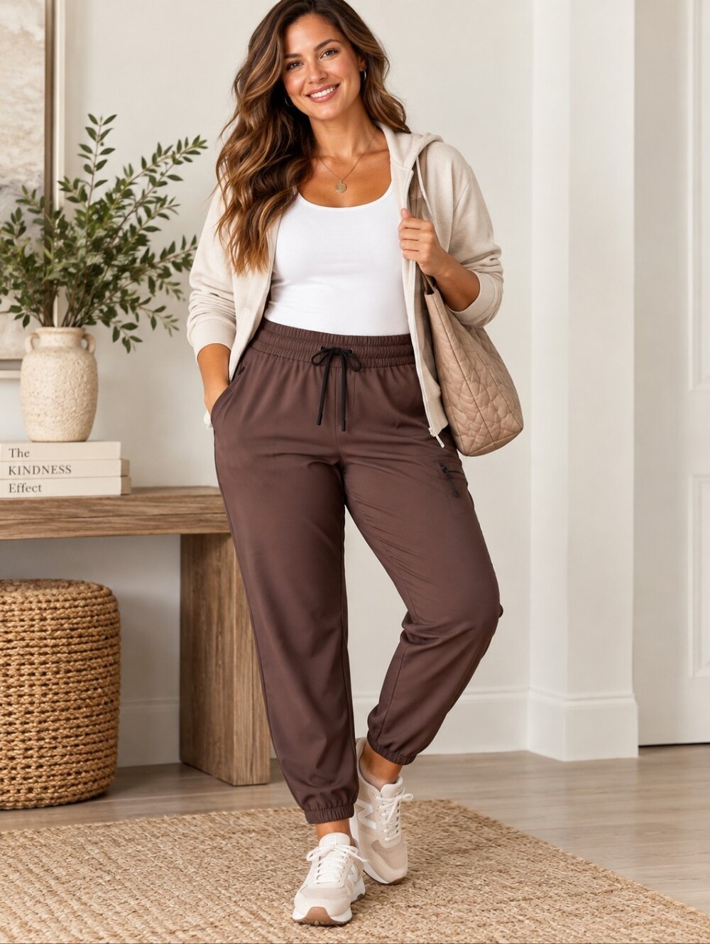 FLX Women's XL Brown Athletic Jogger Pants Stretch Drawstring Zip Pocket Lounge